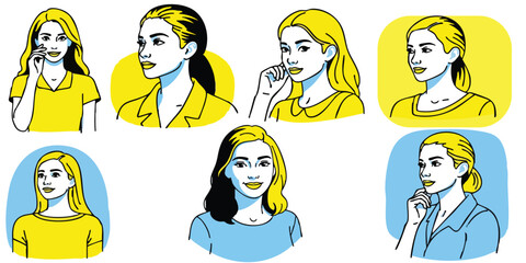 Flat design female professionals – holding folder, thinking, drinking