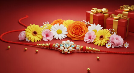 Beautiful rakhi with floral background and gift boxes for celebrating traditional Indian festival of Raksha Bandhan with love, joy, and brother-sister bond