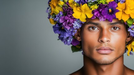 Blooming Brilliance: A radiant man with flowers in his hair, personifying the vibrancy and vitality of nature's most colorful blossoms.
