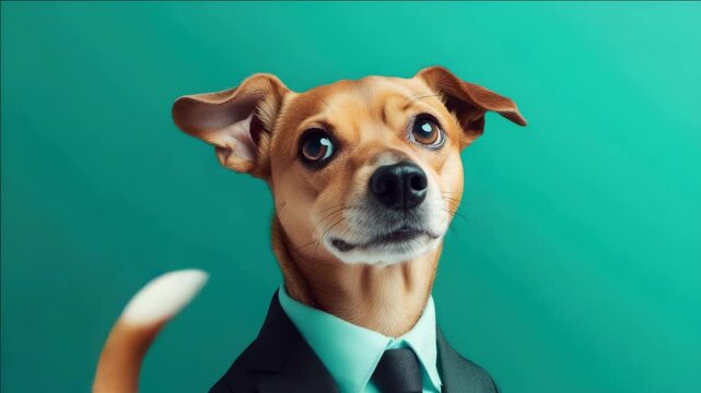 Dog in a suit looking serious.