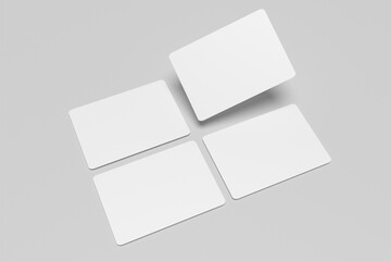 3D blank Mockup, white blank card with rounded corners, isolated on flat light grey surface, business card, poker playing cards, gaming cards