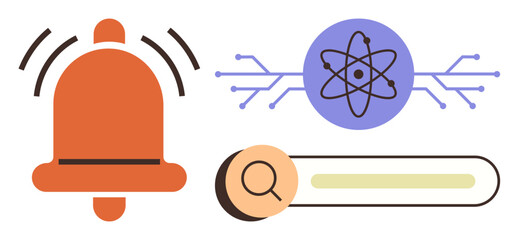 Vibrating alert bell, magnifying glass over search bar, atom with connecting circuits. Ideal for science, technology, research, education, notifications online tools innovation. Minimalistic flat