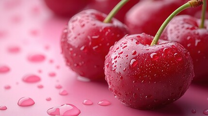 Close-up of fresh, juicy cherries with water droplets on a pink surface