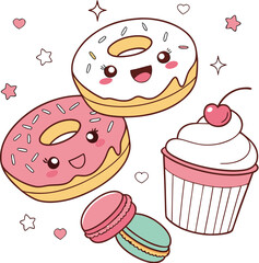 Kawaii style illustration of three cute donuts a cupcake and two macarons with happy faces