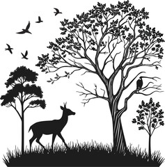 Stylized black silhouette of a deer walking in a grassy field with trees and birds flying
