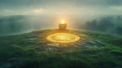 Glowing Celtic Pot On Misty Hilltop Circle