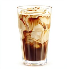 Glass of cold iced coffee with vanilla cream swirl, isolated on white background.