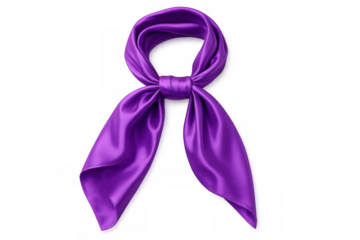 Purple silk scarf knotted, creating elegant folds, isolated on a transparent background, perfect for fashion and accessory designs
