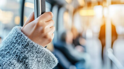 Public Transit Commute: A person's hand, securely gripping a metallic bar on public transport, captures the everyday rhythm of commuting. Sunlight streams in, painting the scene with a warm.