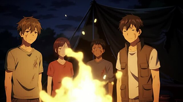 Anime style characters at night in front of a campfire with a tent in the background