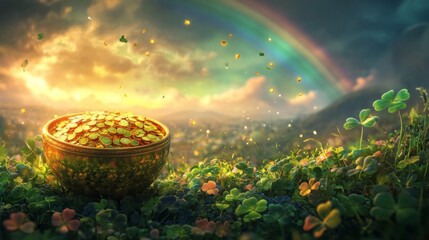 Golden Pot Of Coins Among Shamrocks Under A Rainbow