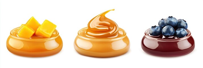 Cutout of set of 3 subjects, mango sauce, blueberry syrup, and caramel sauce, isolated on a PNG transparent background