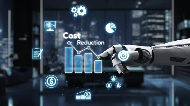 A robotic hand engages with digital icons showcasing cost reduction strategies in a sleek urban office, symbolizing technology impact on business efficiency and analytics. Auvana