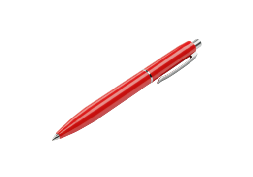 Bright red glossy retractable ballpoint pen with metallic silver clip and tip, isolated on a transparent studio background with generous copy space, ultra realistic UHD product photography concept