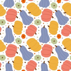 Seamless pattern with hand-painted pastel pumpkins in soft blue, pink, yellow and red shades. Perfect for autumn fabric, wrapping paper, cards and seasonal designs.
