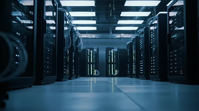 Corridor of server racks in dim cool lighting, cables hanging from racks above