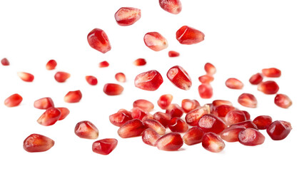 Flying falling pomegranate seeds isolated on a white background PNG. AI GENERATED.