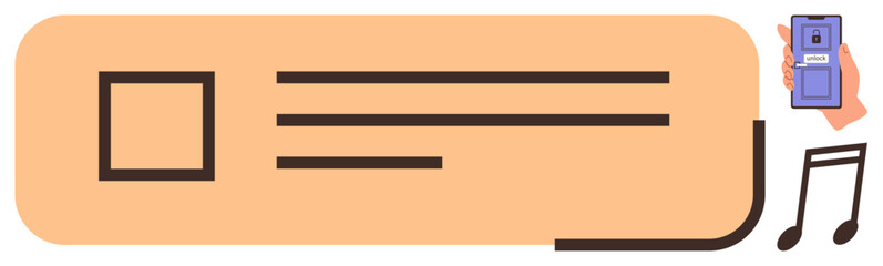 Horizontal layout with blocks suggesting a player interface, hand holding a device, and musical notes. Ideal for technology, entertainment, interface design, app concept, music streaming, simplicity