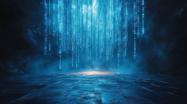Dark, blue space with glowing digital code