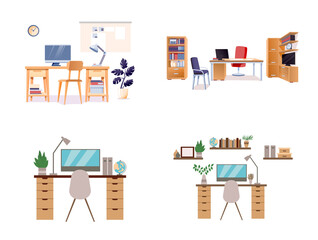 Various office desk setups bundle isolated on white background