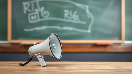 Megaphone on wooden surface with blurred blackboard background, featuring simple composition and directional lighting.