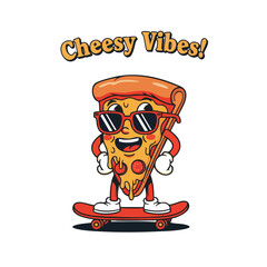 Funny Cartoon Pizza Slice Character Riding Skateboard Illustration Graphic
