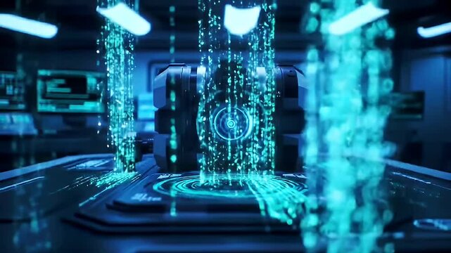 Cybernetic core on a futuristic console with cascading turquoise light