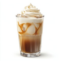 Glass of cold iced coffee with vanilla cream swirl, isolated on white background.
