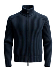 Fisherman?s rib cardigan with high collar and zipper closure in navy blue