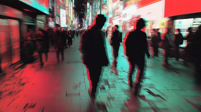 City pedestrians in motion, vibrant color effect.