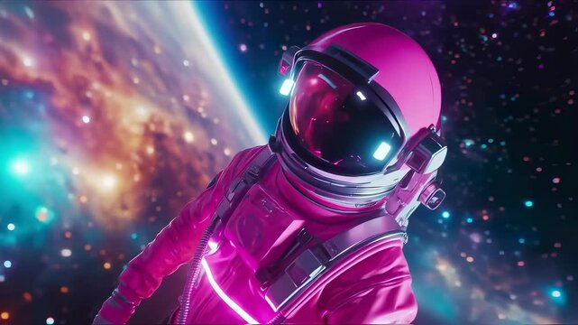  A futuristic astronaut wearing a stylish pink suit with an American flag patch drifts through space.