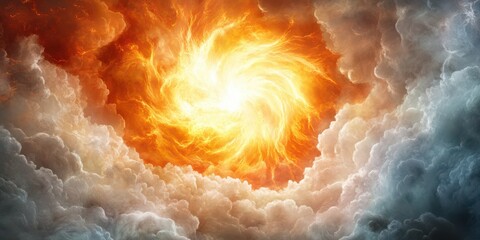Celestial Ignition: A dramatic display of raw cosmic energy unleashes itself from swirling clouds, creating a breathtaking celestial event. Capturing the fiery dance of light and form