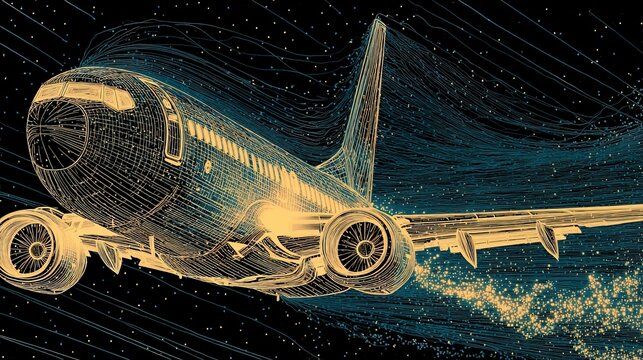 A stylized, wireframe illustration of a jet airplane, depicted in flight against a backdrop of swirling, digital lines and points, conveying a sense of speed and technology