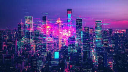Colorful cityscape at night with digital overlays.