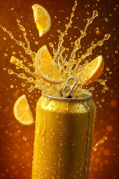 Golden can with cold citrus soda splashing out and fresh orange slices flying around. Refreshing drink concept. Macro illustration on vibrant orange background.
