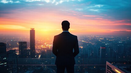 A businessman stands on a rooftop, gazing at a stunning sunset over the city skyline. This serene moment captures inspiration, ambition, and a future full of possibilities.