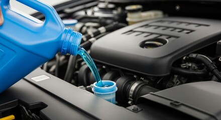 Adding Coolant to Car Engine - Close-up of blue coolant being poured into a car's engine coolant reservoir. Automotive maintenance