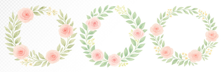 Set of watercolor floral wreaths with soft pink roses and green foliage in elegant hand-painted style for romantic wedding invitations, greeting cards, and festive decorations. Vector illustration.