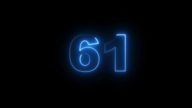 61 number neon text animation on black background. Glowing neon number 61. 