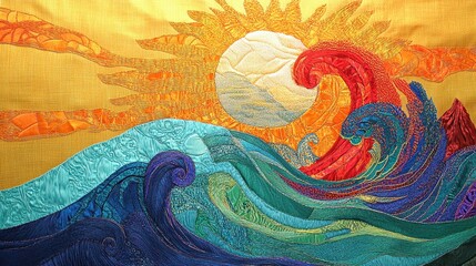 Colorful embroidered quilt depicting a sun and waves.