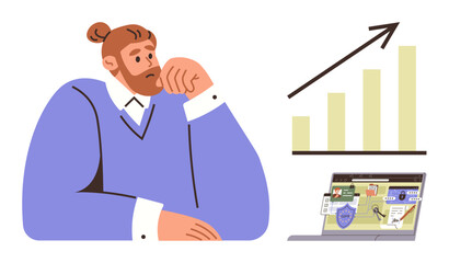 Pensive professional sits, analyzing data represented by a bar chart and laptop screen. Ideal for productivity, business planning, strategy, goal setting, data analysis, career focus, simple flat