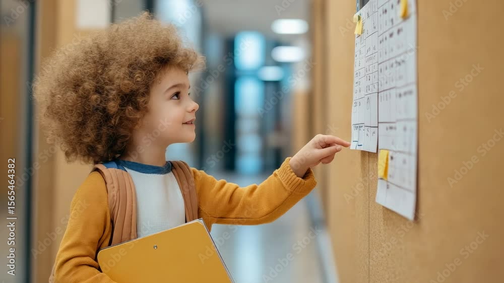 Poster Happy curly haired pupil with backpack and folder pointing at school timetable attached to bulletin board, enjoying back to school routine in elementary school