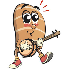 cute salted butter roll mascot cartoon vector illustration playing the banjo musical instrumen, bakery bread character with happy face isolated on transparant backnground, work of hand drawn