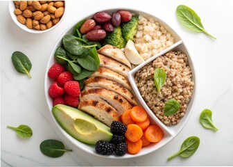 image of a plate divided into sections, each filled with a variety of healthy foods, representing a balanced diet.