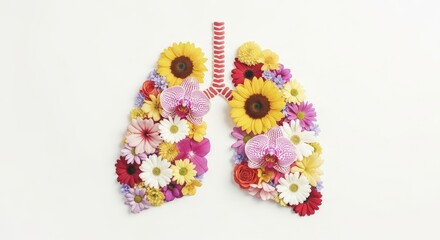 Blooming Lungs: A Floral Symbol of Health - Colorful flowers arranged as lungs, symbolizing health, nature, breath, life, and spring