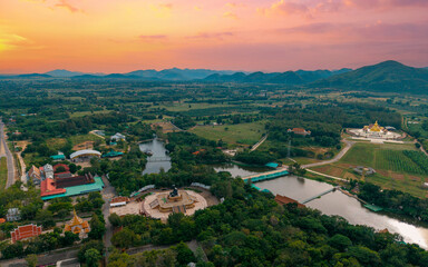 Fototapeta premium Aerial view of huay mongkol temple at sunset in hua hin, thailand