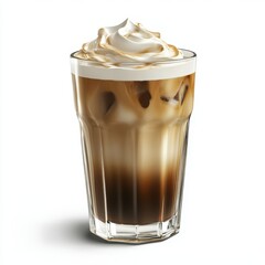 Glass of cold iced coffee with vanilla cream swirl, isolated on white background.