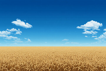 Naklejka premium Golden wheat field sways gently in the warm breeze under blue sky