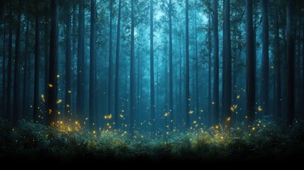 Fototapeta premium Enchanted Forest: A captivating scene of a tranquil, mysterious forest, with sunlight filtering through towering trees, creating an ethereal atmosphere.