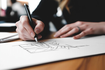 Graphic designer creating sketches on a tablet in a busy studio